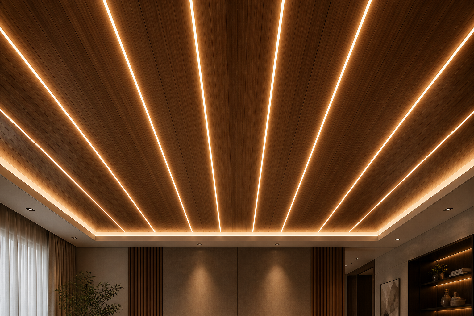 Wooden False Ceiling Design With LED Strip Lights For Living Room